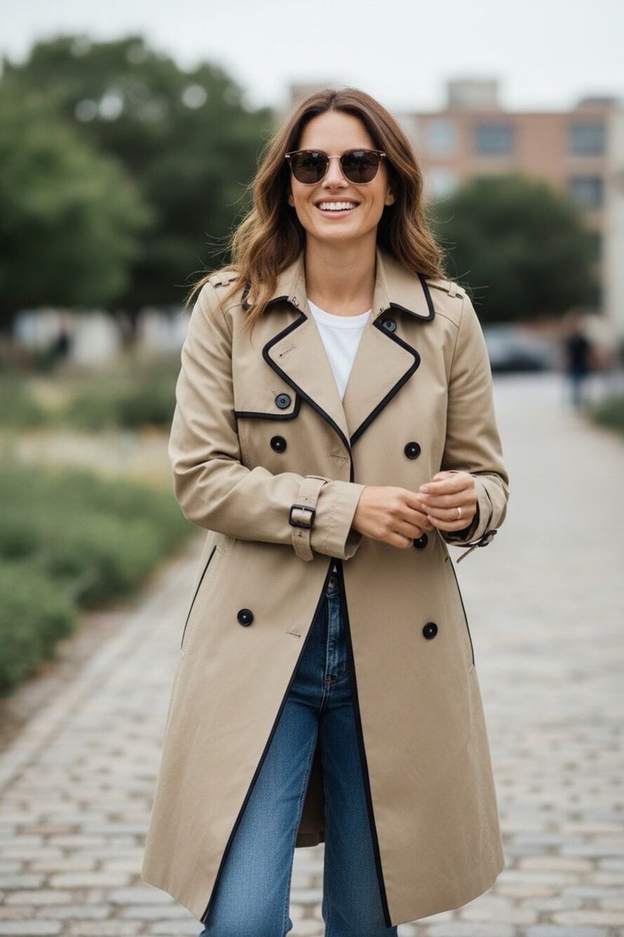LOFT Women's Beige Trench Coat Black Trim Double Breasted Mid-Length Size XL